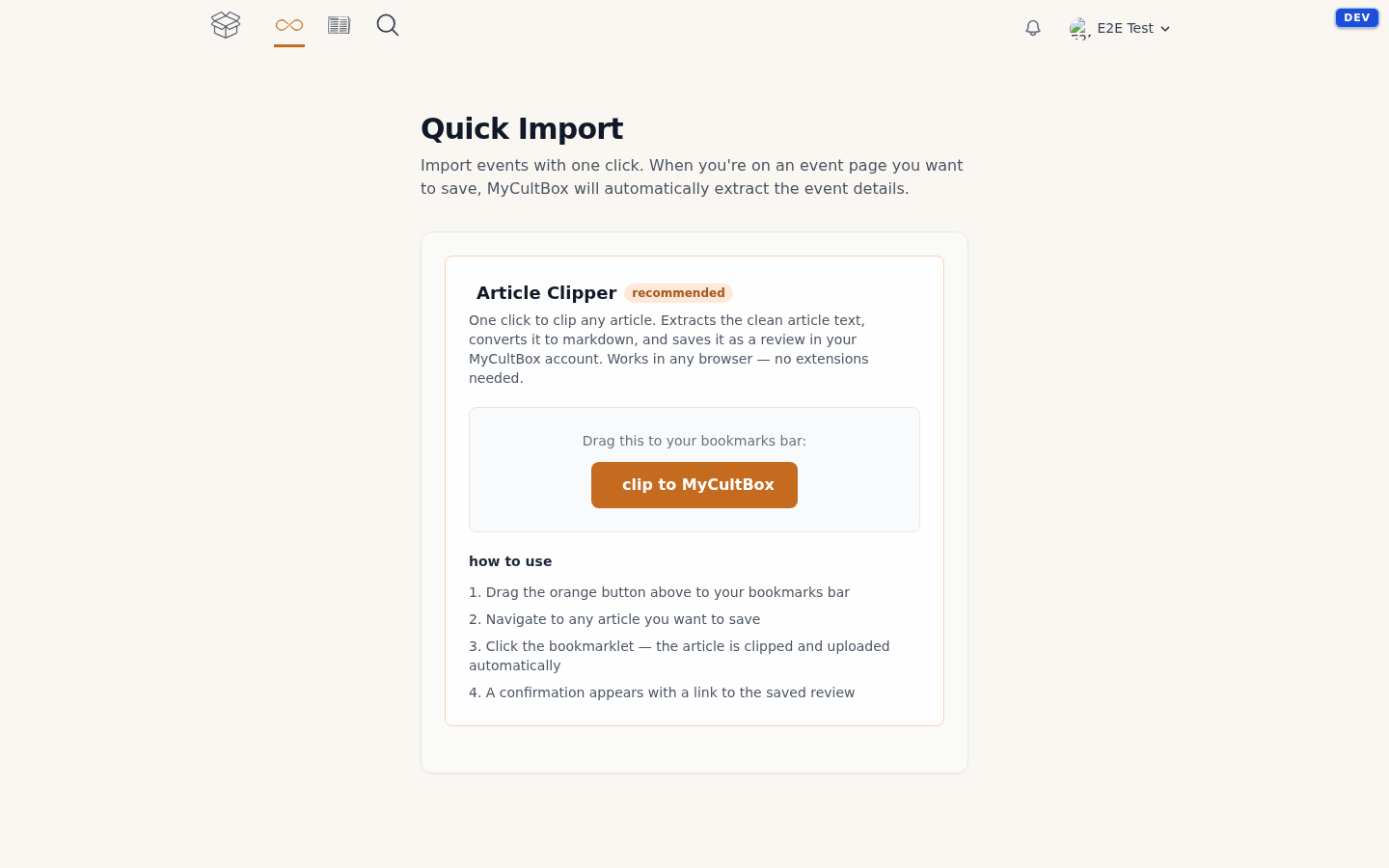 The bookmarklet page, with the orange clip button
