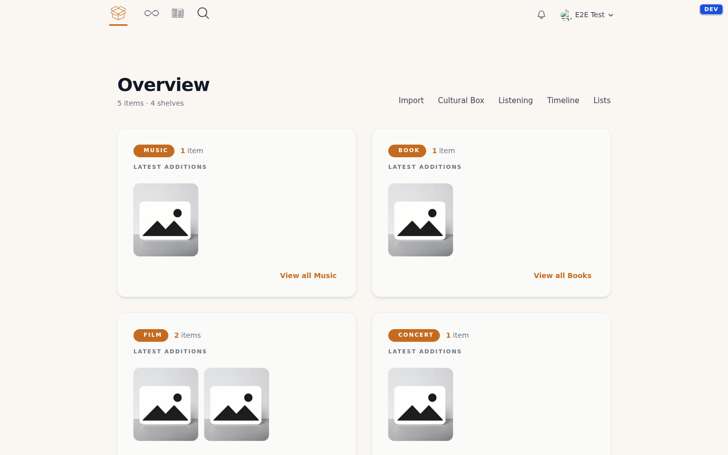 The library overview, showing the four categories side by side