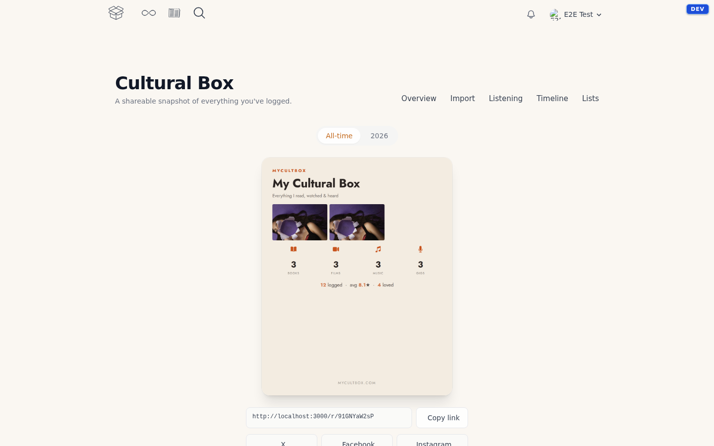 The Cultural Box page, with the generated card and the share buttons